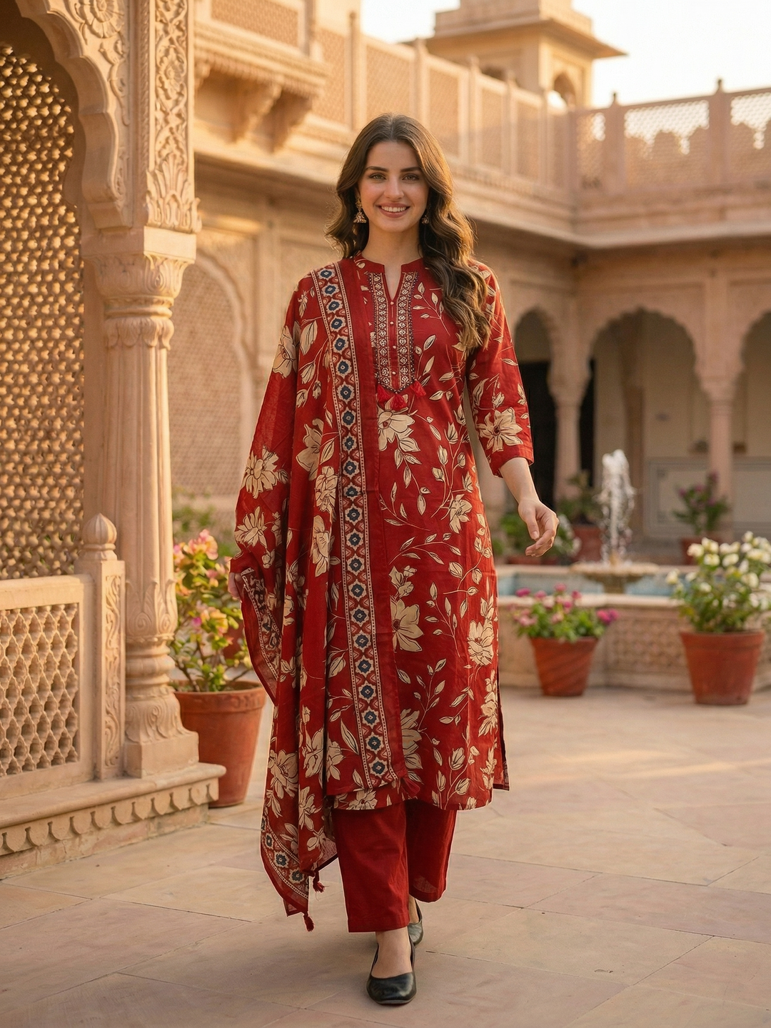 Floral Jaal Printed Straight Kurta with Palazzo & Dupatta - Maroon