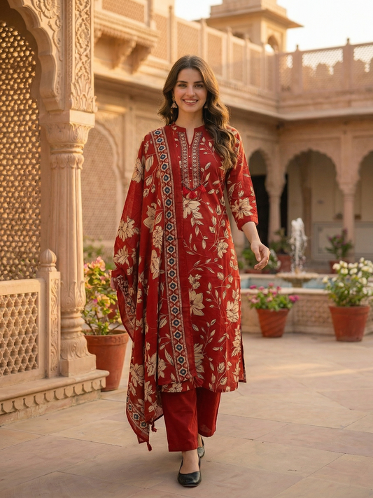 Floral Jaal Printed Straight Kurta with Palazzo & Dupatta - Maroon