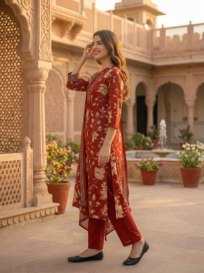 Floral Jaal Printed Straight Kurta with Palazzo & Dupatta - Maroon