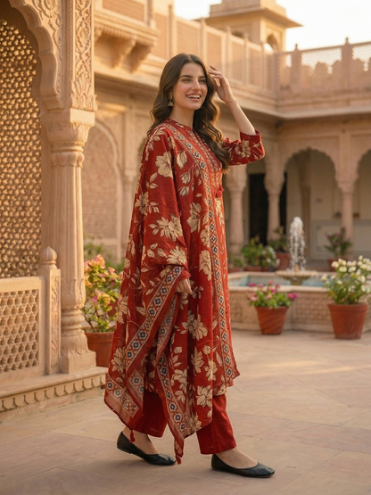 Floral Jaal Printed Straight Kurta with Palazzo & Dupatta - Maroon