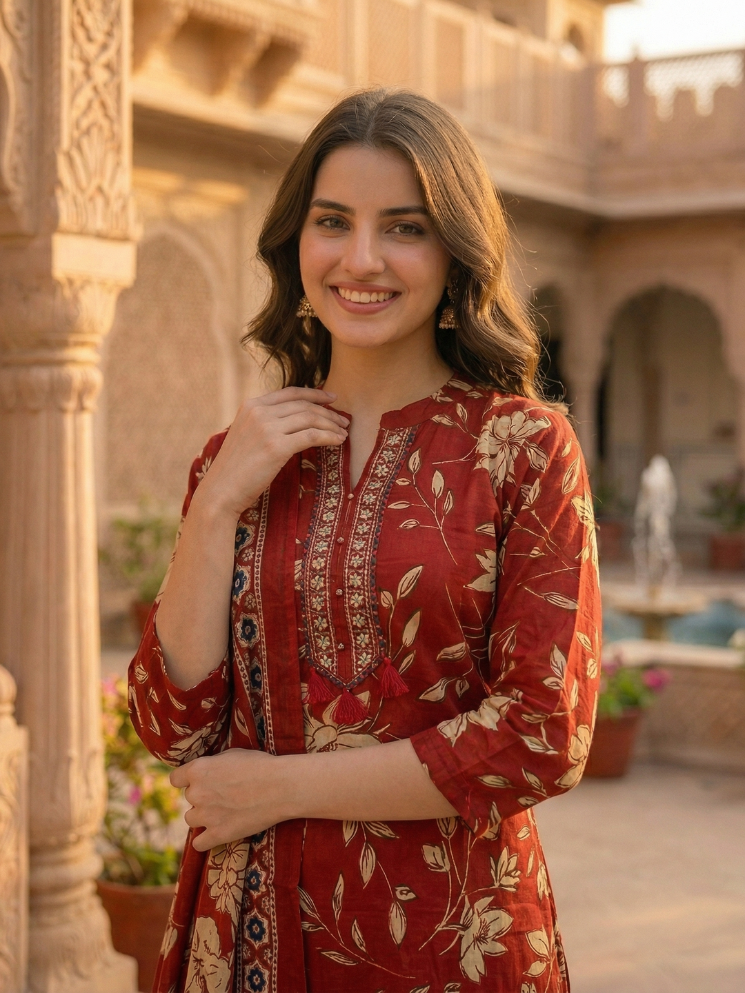 Floral Jaal Printed Straight Kurta with Palazzo & Dupatta - Maroon