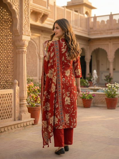 Floral Jaal Printed Straight Kurta with Palazzo & Dupatta - Maroon