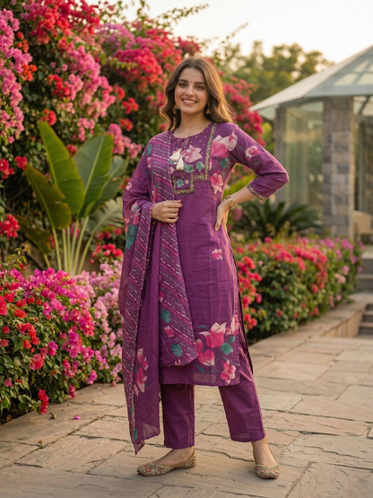 Floral Printed Mirror Work Embroidered Straight Kurta with Palazzo & Dupatta - Purple