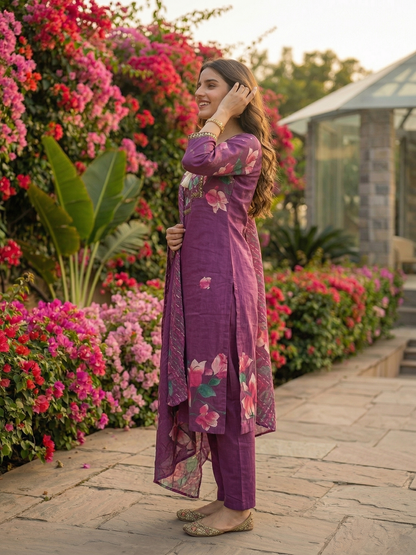 Floral Printed Mirror Work Embroidered Straight Kurta with Palazzo & Dupatta - Purple