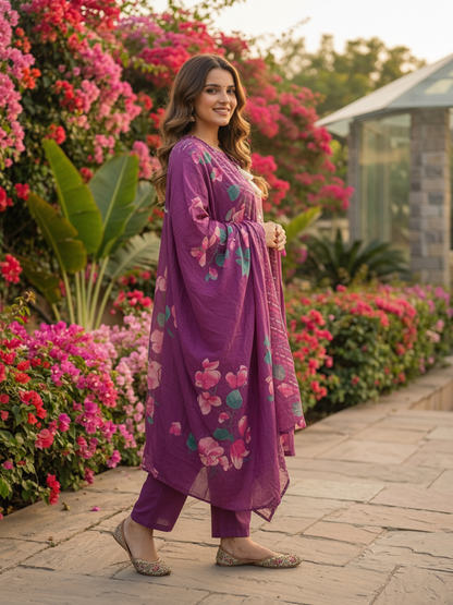 Floral Printed Mirror Work Embroidered Straight Kurta with Palazzo & Dupatta - Purple