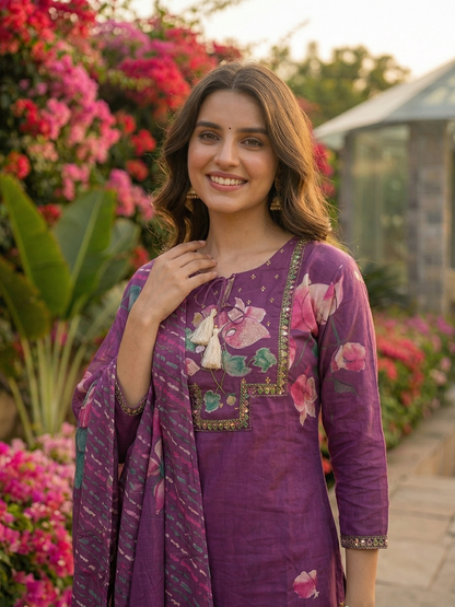 Floral Printed Mirror Work Embroidered Straight Kurta with Palazzo & Dupatta - Purple
