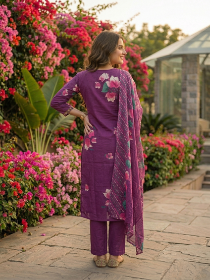 Floral Printed Mirror Work Embroidered Straight Kurta with Palazzo & Dupatta - Purple
