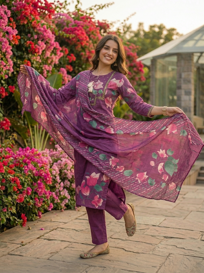 Floral Printed Mirror Work Embroidered Straight Kurta with Palazzo & Dupatta - Purple