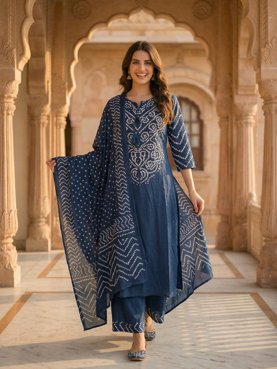 Bandhani Printed Mirror Work A-Line Kurta with Palazzo & Dupatta - Blue