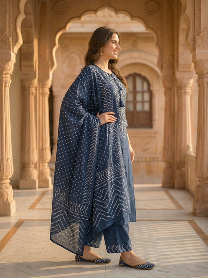 Bandhani Printed Mirror Work A-Line Kurta with Palazzo & Dupatta - Blue