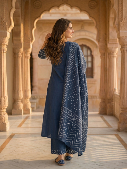 Bandhani Printed Mirror Work A-Line Kurta with Palazzo & Dupatta - Blue