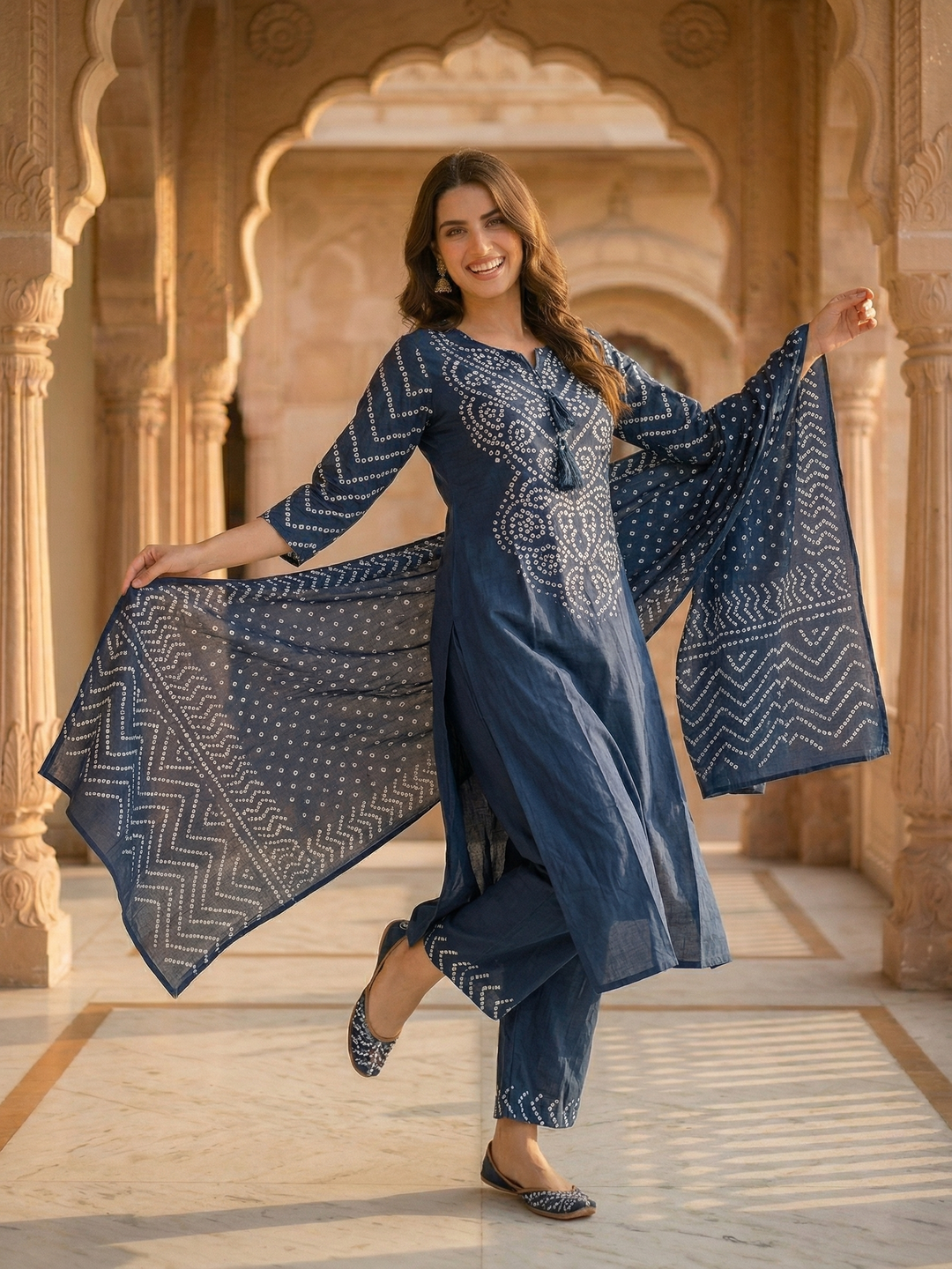Bandhani Printed Mirror Work A-Line Kurta with Palazzo & Dupatta - Blue