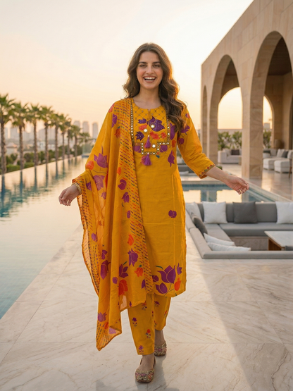 Floral Printed Mirror Work Embroidered Straight Kurta with Palazzo & Dupatta - Yellow