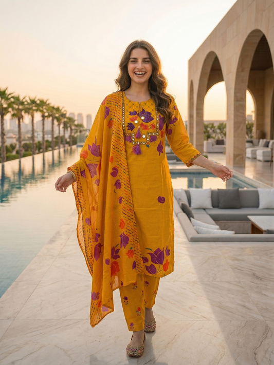 Floral Printed Mirror Work Embroidered Straight Kurta with Palazzo & Dupatta - Yellow