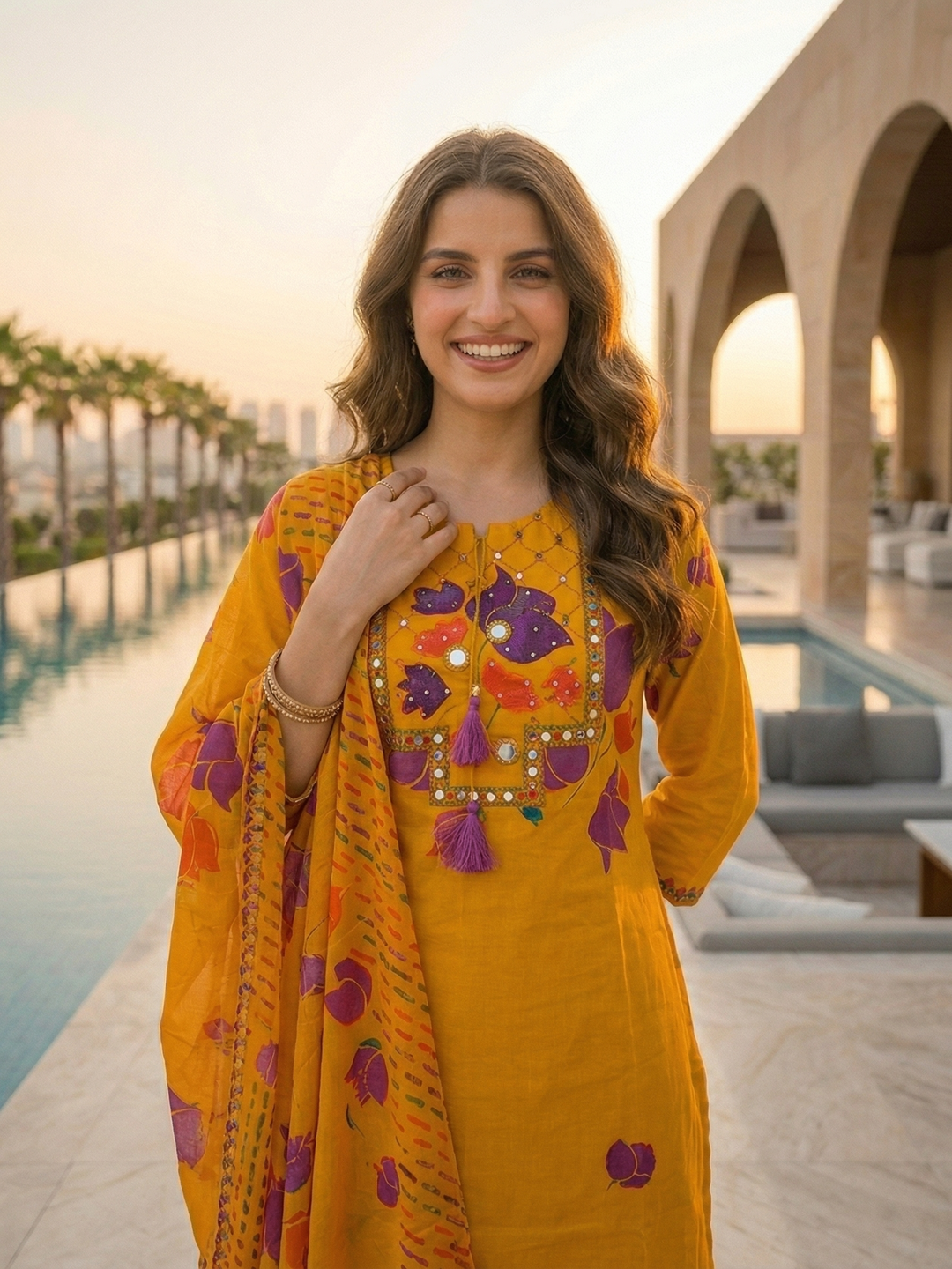 Floral Printed Mirror Work Embroidered Straight Kurta with Palazzo & Dupatta - Yellow