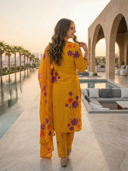 Floral Printed Mirror Work Embroidered Straight Kurta with Palazzo & Dupatta - Yellow