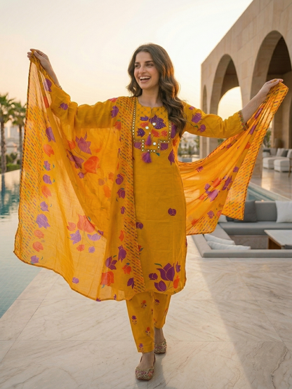 Floral Printed Mirror Work Embroidered Straight Kurta with Palazzo & Dupatta - Yellow
