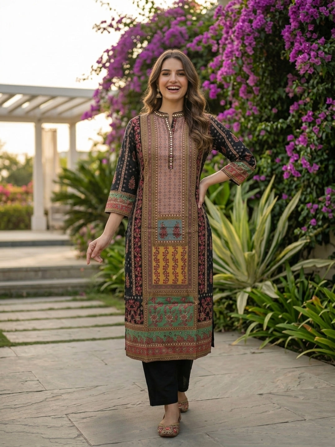 Ethnic Floral Foil Printed & Embroidered Straight Kurta - Multi