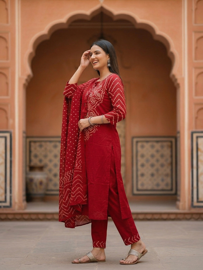 Bandhani Printed Mirror Work A-Line Kurta with Palazzo & Dupatta - Maroon