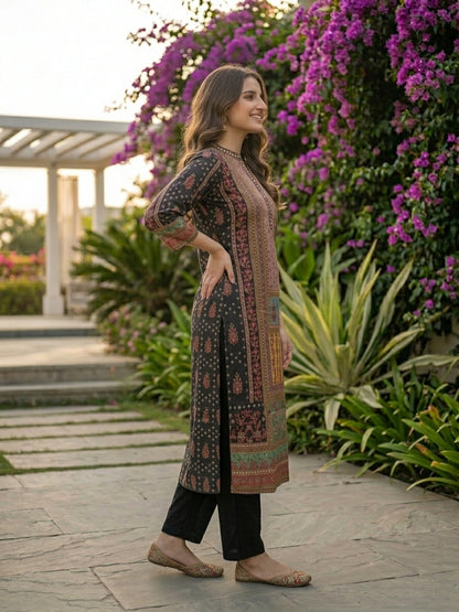 Ethnic Floral Foil Printed & Embroidered Straight Kurta - Multi