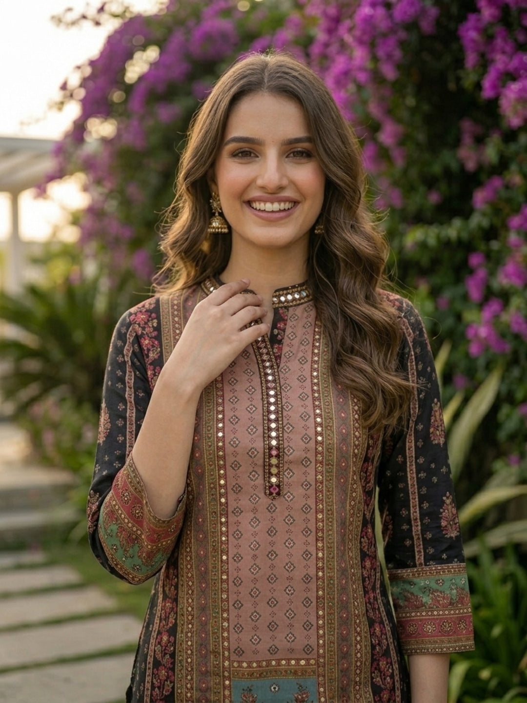 Ethnic Floral Foil Printed & Embroidered Straight Kurta - Multi