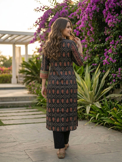 Ethnic Floral Foil Printed & Embroidered Straight Kurta - Multi