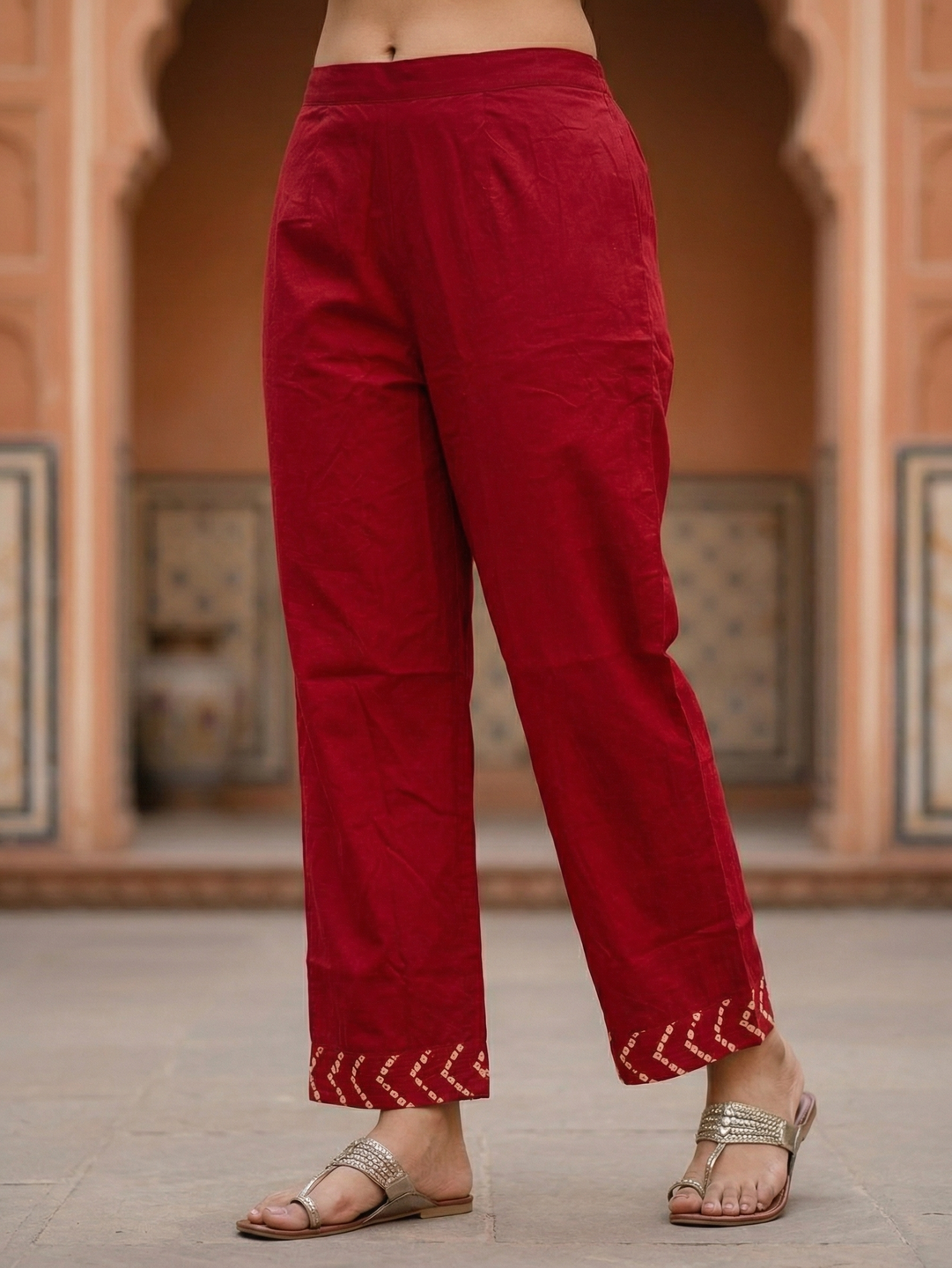 Bandhani Printed Mirror Work A-Line Kurta with Palazzo & Dupatta - Maroon
