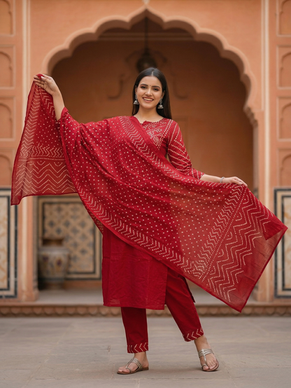 Bandhani Printed Mirror Work A-Line Kurta with Palazzo & Dupatta - Maroon