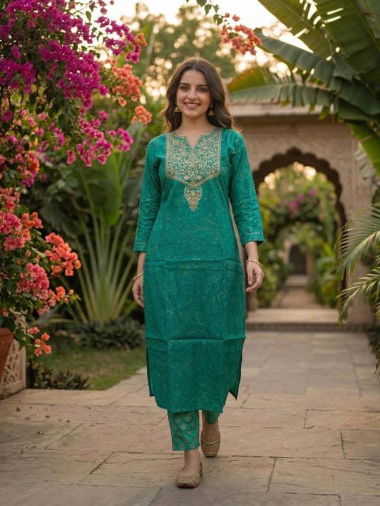Floral Printed & Embroidered Straight Kurta - Rama Green