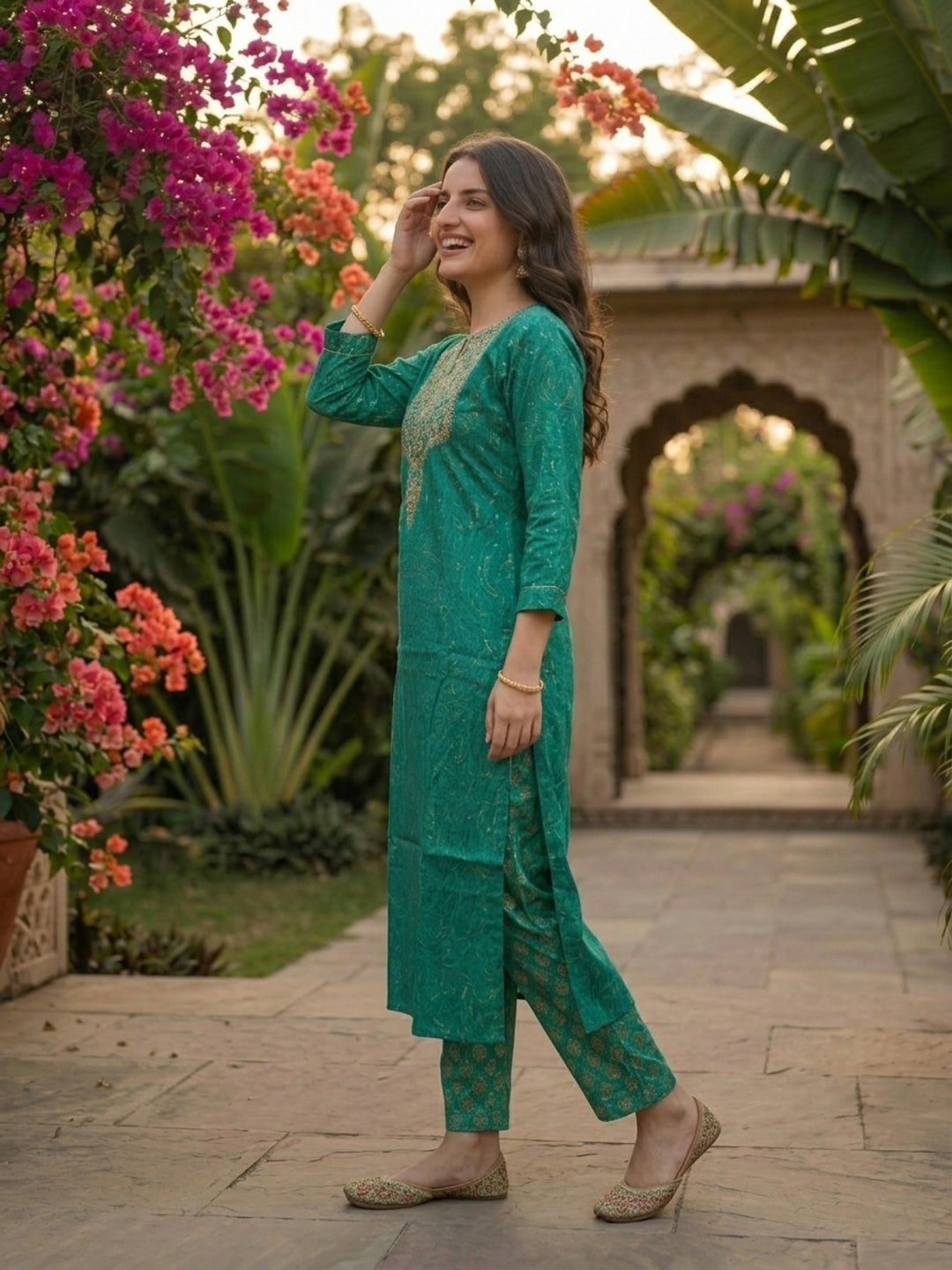 Floral Printed & Embroidered Straight Kurta - Rama Green