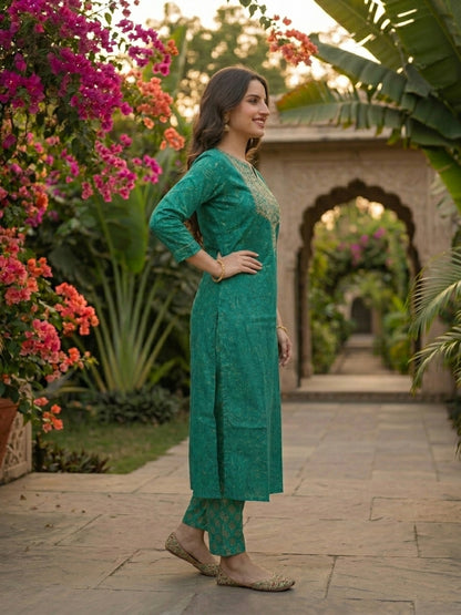 Floral Printed & Embroidered Straight Kurta - Rama Green