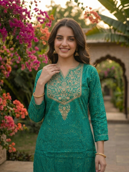 Floral Printed & Embroidered Straight Kurta - Rama Green