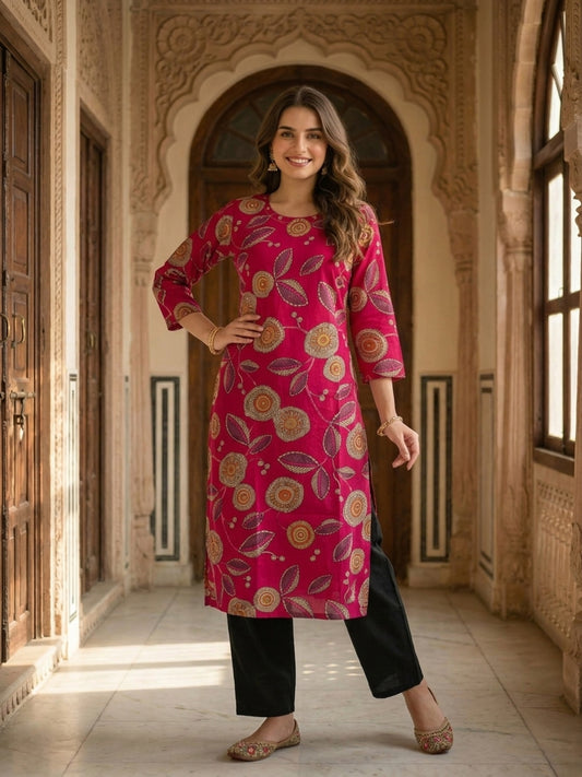 Abstract Floral Printed Straight Kurta - Rani Pink