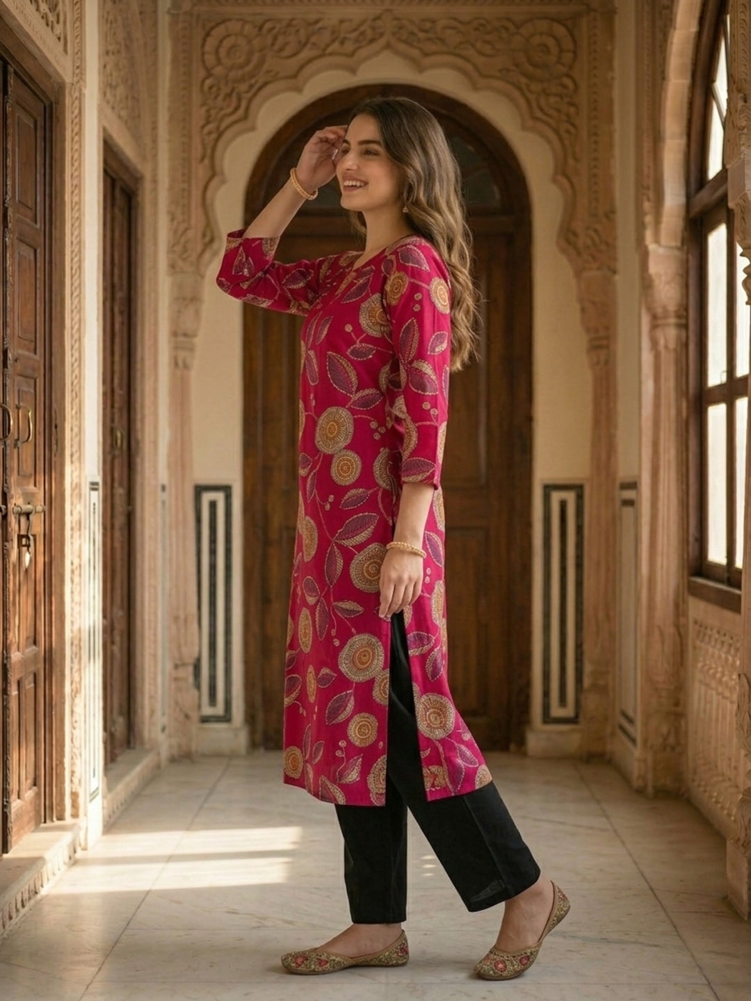 Abstract Floral Printed Straight Kurta - Rani Pink