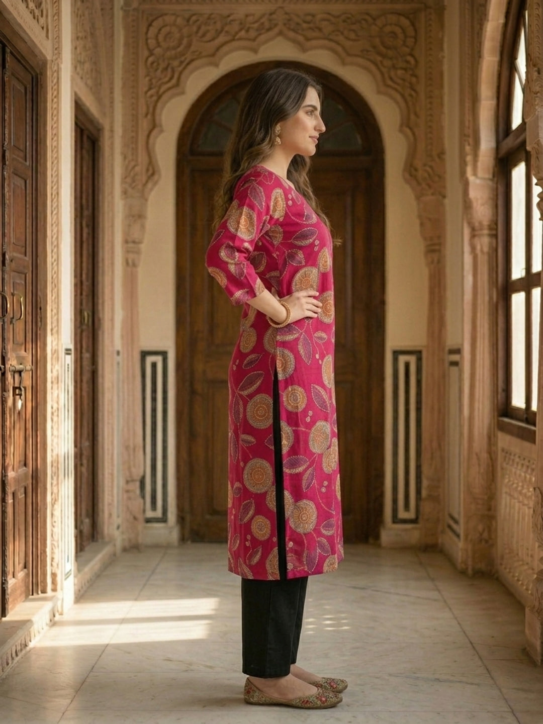 Abstract Floral Printed Straight Kurta - Rani Pink