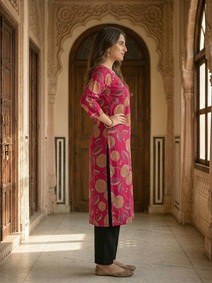 Abstract Floral Printed Straight Kurta - Rani Pink