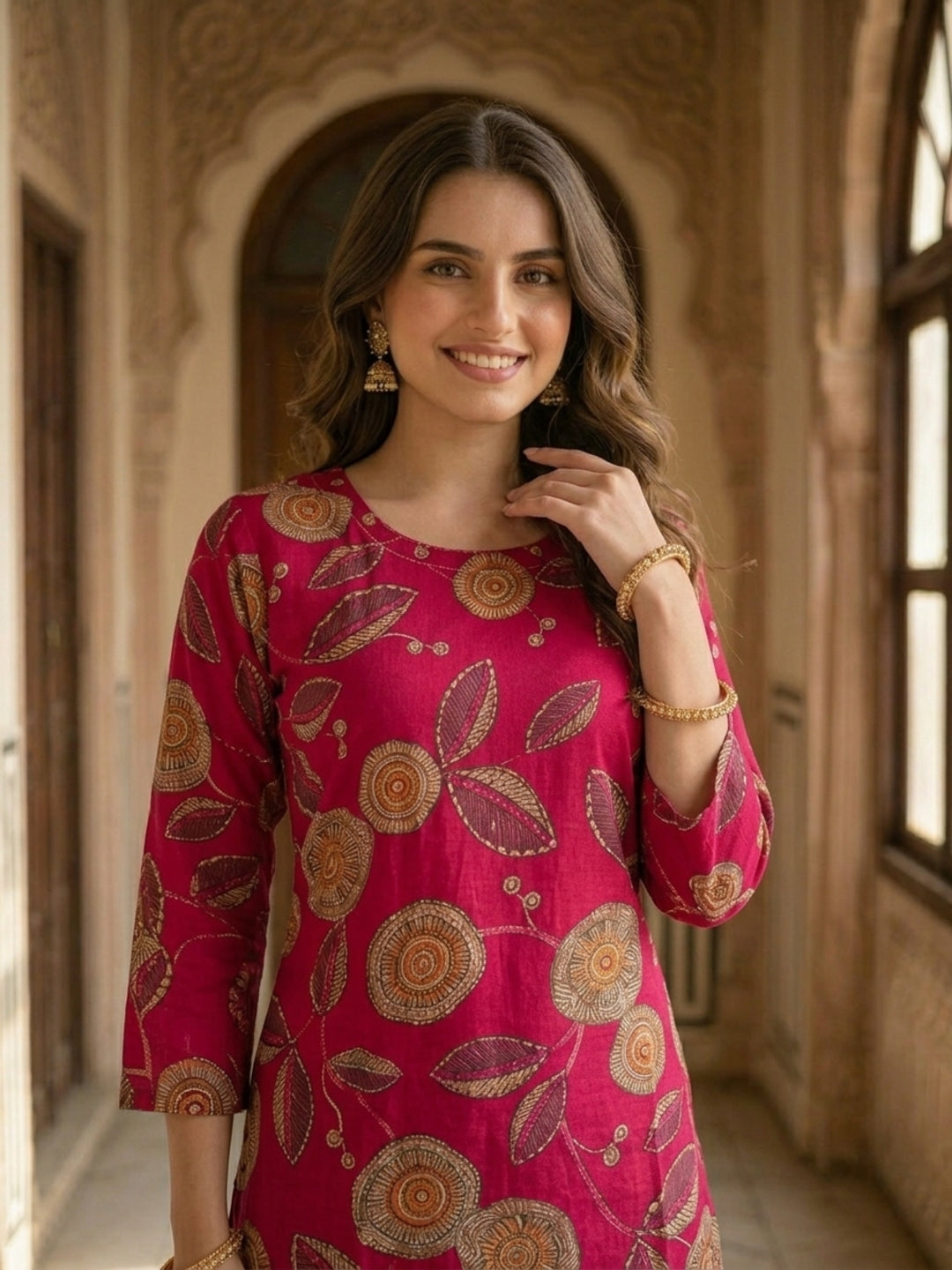 Abstract Floral Printed Straight Kurta - Rani Pink