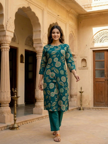 Abstract Floral Printed Straight Kurta - Green