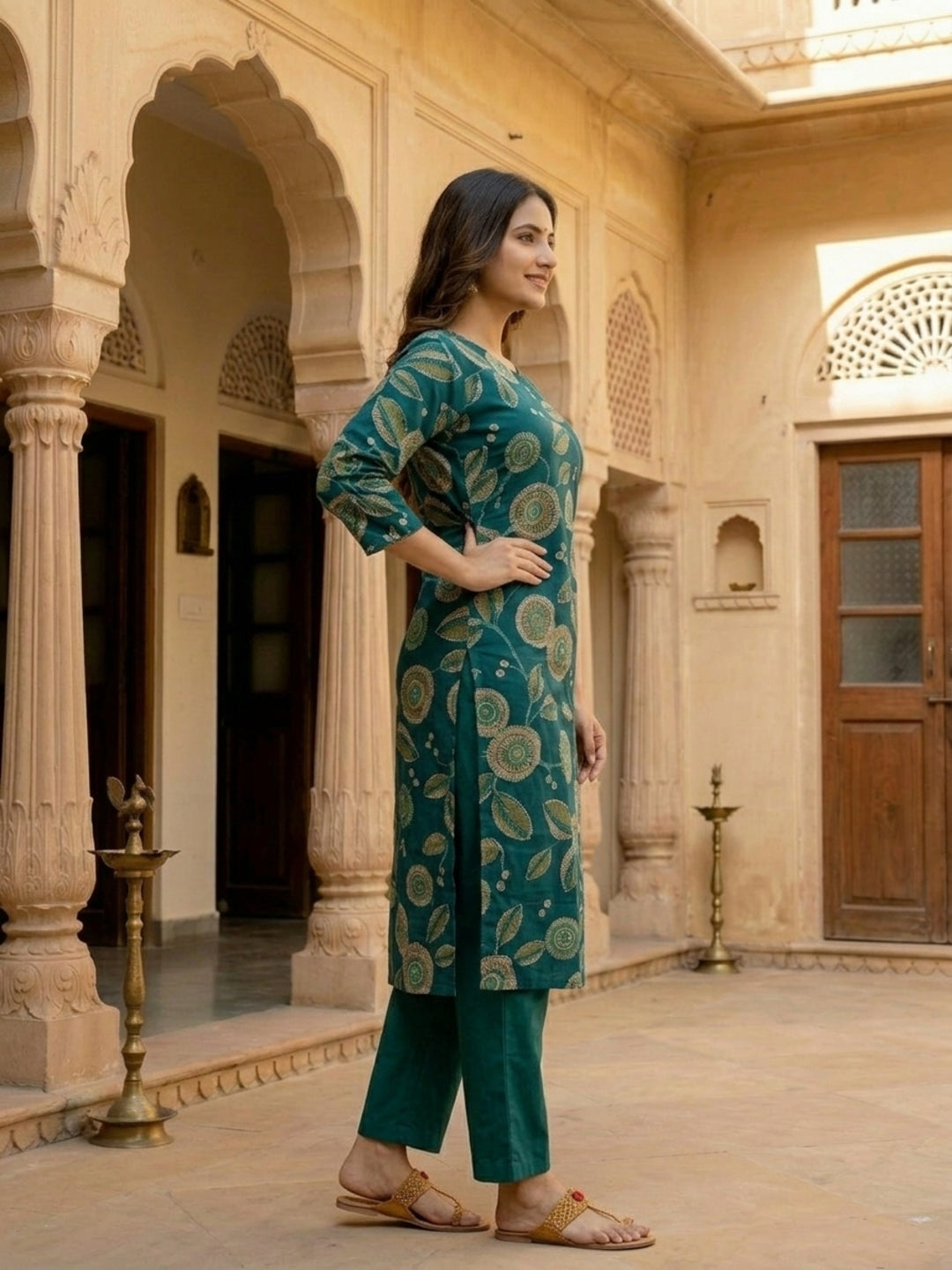 Abstract Floral Printed Straight Kurta - Green