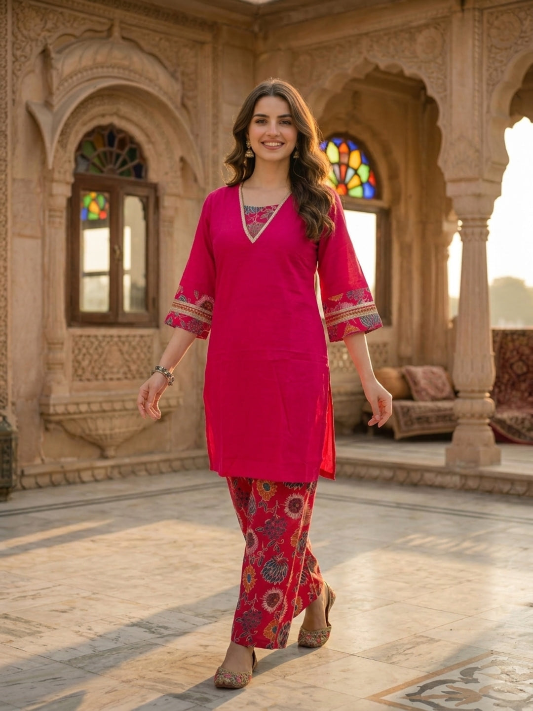Floral Foil Printed Straight Kurta with Palazzo - Rani Pink