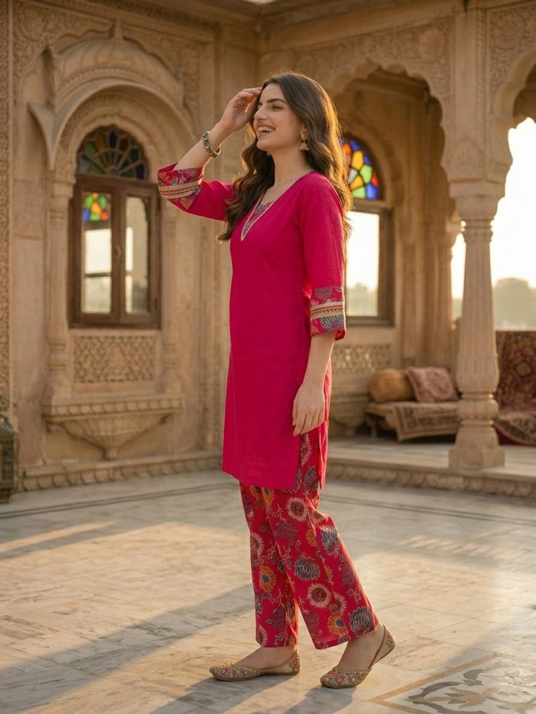 Floral Foil Printed Straight Kurta with Palazzo - Rani Pink