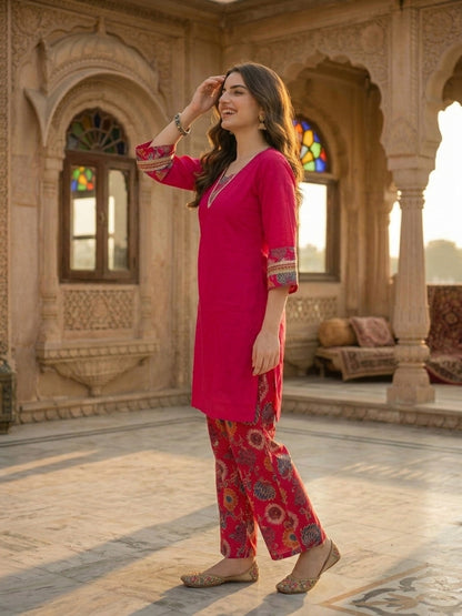 Floral Foil Printed Straight Kurta with Palazzo - Rani Pink