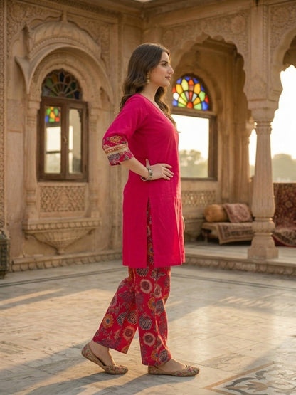 Floral Foil Printed Straight Kurta with Palazzo - Rani Pink
