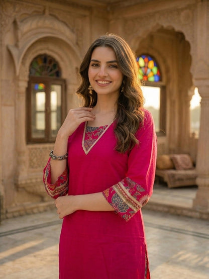 Floral Foil Printed Straight Kurta with Palazzo - Rani Pink