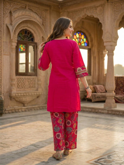 Floral Foil Printed Straight Kurta with Palazzo - Rani Pink