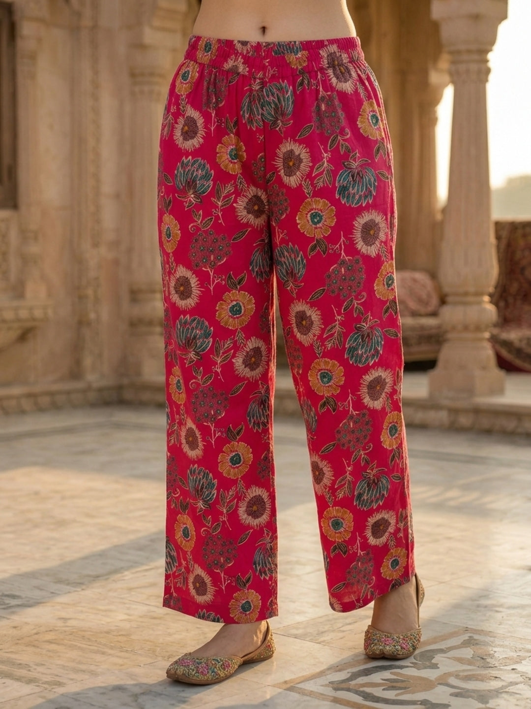Floral Foil Printed Straight Kurta with Palazzo - Rani Pink