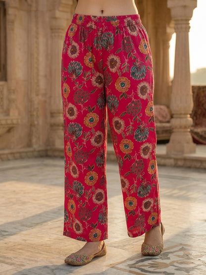 Floral Foil Printed Straight Kurta with Palazzo - Rani Pink