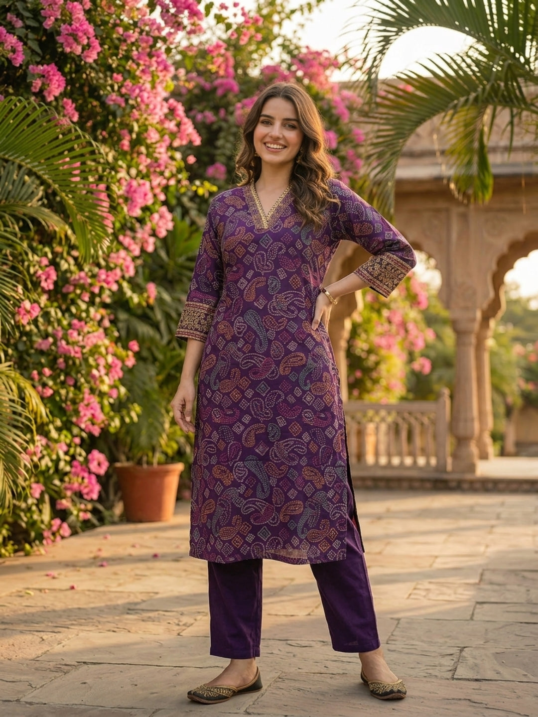 Bandhani Foil Printed & Embroidered Straight Kurta with Pant - Purple
