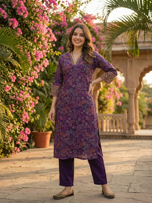 Bandhani Foil Printed & Embroidered Straight Kurta with Pant - Purple