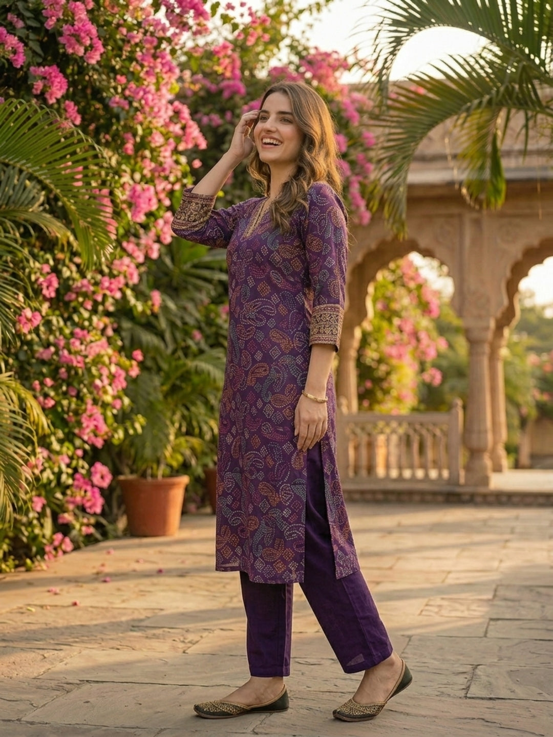 Bandhani Foil Printed & Embroidered Straight Kurta with Pant - Purple